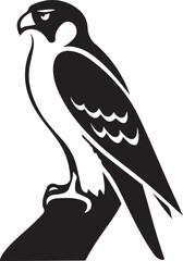 Black and white silhouette of a falcon perched on a branch, Elegant falcon bird vector for wildlife artwork