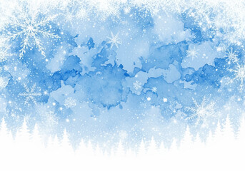 Whimsical watercolor winter holiday background with snowflakes and soft blue hues, perfect for festive designs and seasonal greetings