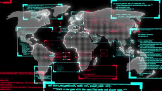Abstract digital animation with glowing map with dots pattern and infromation data in coding windows. 3d background