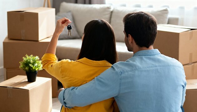 Couple with new house key in front of moving boxes and sofa