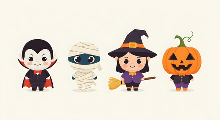 Cute Halloween Characters - Vampire, Mummy, Witch, and Pumpkin.