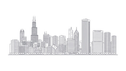 Naklejka premium Chicago Skyline Illustration: A minimalistic line-art illustration of the Chicago skyline, showcasing its iconic architecture and urban landscape in a modern and clean style.
