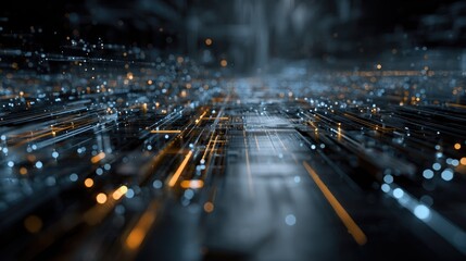 A dynamic, abstract digital landscape featuring glowing blue and orange lines representing data flow and connectivity across a complex, futuristic network.