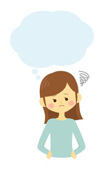吹き出し付きの悩んでいるシンプルで可愛い女性のイラスト