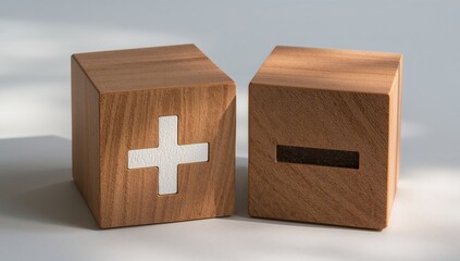 Wooden Cubes with Mathematical Symbols, Plus and Minus, Abstract Concept Study.