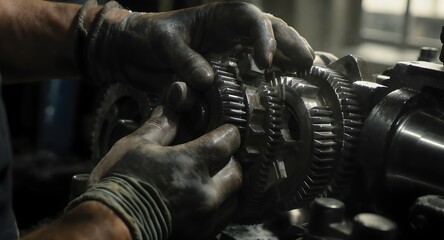 Dirty hands handling metal gears and mechanical components during maintenance