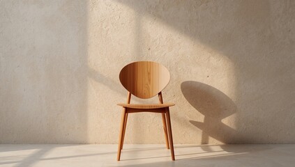 Wooden Chair Against Textured Wall, Sunny Interior Simple, Minimalist Design Element.