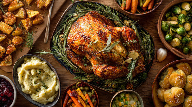 A thanksgiving feast featuring a roasted turkey surrounded by various side dishes