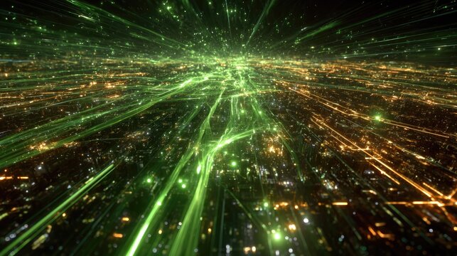 A mesmerizing digital landscape of glowing green and golden light trails, symbolizing data flow, interconnected networks, and rapid technological advancement.