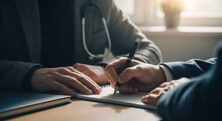 Doctor wearing stethoscope signing a document with a pen in a office