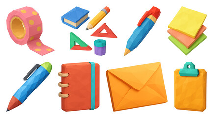 PNG Colorful geometric stationery items, element set on transparent background