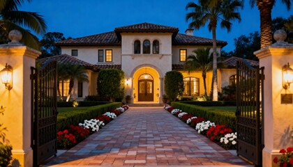 Fototapeta premium Exterior view of large estate with palm trees and manicured landscaping