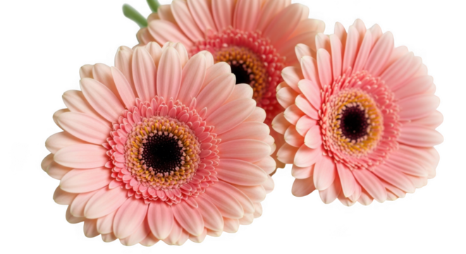 Three delicate pink gerbera daisies with dark centers against a stark black canvas isolated on transparent background
