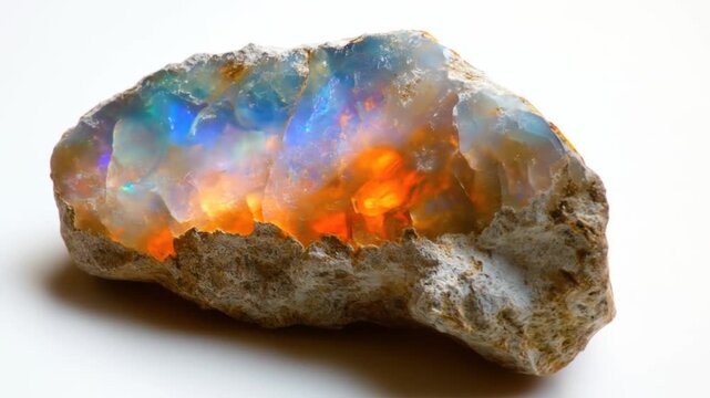 A glowing and iridescent opal gemstone displays a vibrant interplay of colors from blue to fiery orange