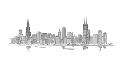 Naklejka premium Chicago Skyline Sketch: A detailed, monochromatic sketch of the Chicago skyline, featuring iconic skyscrapers and a panoramic view, showcasing the city's urban landscape.