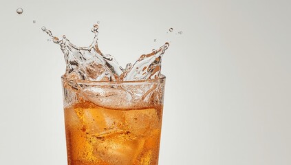 Amber Liquid Burst. A Dynamic Display of Fluidity and Form in a Glass Container.