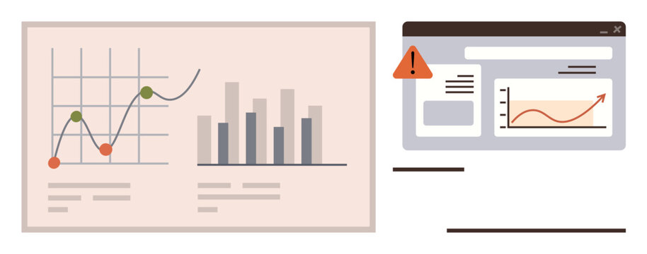 Analytical dashboard showcasing bar and line charts beside a browser window with an alert icon. Ideal for analytics, performance tracking, business growth, warnings, report generation, monitoring