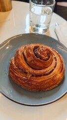 Freshly baked cinnamon pastry with golden flaky layers served on a ceramic plate beside a glass of water. The image represents breakfast indulgence, cafe atmosphere, and simple everyday pleasure