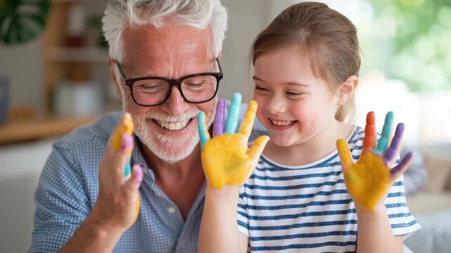 smiling grandfather and young girl with Down syndrome giving a high-five with colorful painted hands during art activity at home