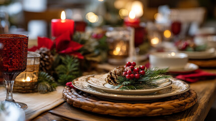 Festive christmas table setting with red candles and decorative tableware arrangement