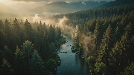 Misty morning river flowing through a dense evergreen forest with sun rays breaking through the fog - Powered by Adobe