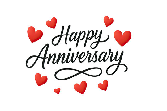 Happy anniversary text with red floating hearts romantic celebration greeting card design for couples love message isolated on white background
