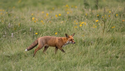 Auburn Wanderer. A Canid Silhouette Amidst Verdant Hues and Floral Accents.