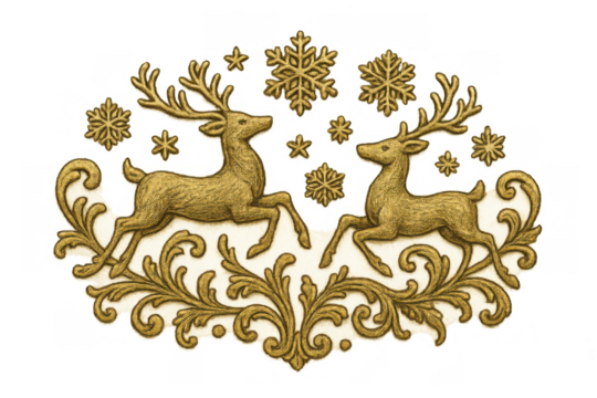 Golden reindeer with ornamental scrolls and snowflakes. Vintage christmas winter holiday design element