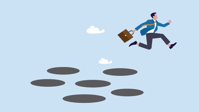 Businessman jump pass many pitfalls to achieve business success illustration video. Avoid pitfall,  adversity and brave to jump pass mistake or business failure, skill and creativity to solve problem 