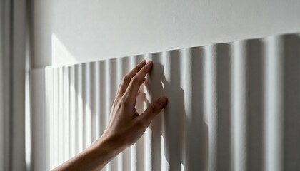 Obraz premium Hand touching a white ridged wall with light and shadow interplay