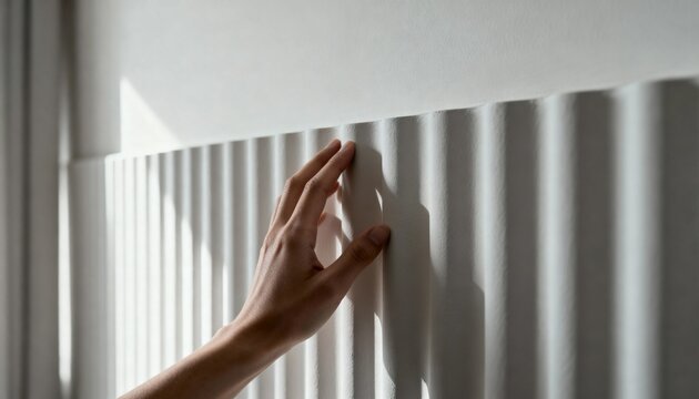 Hand touching a white ridged wall with light and shadow interplay