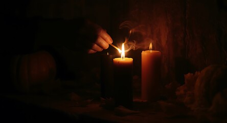 Hand with match lights candle flame near other candles in the dark