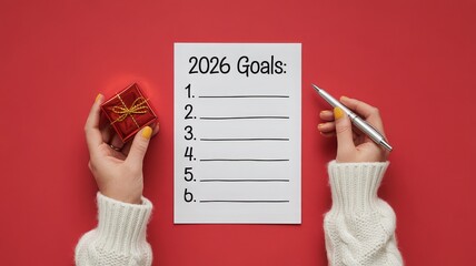 A person's hands writing goals for 2026 on a list, holding a small gift box and a pen.