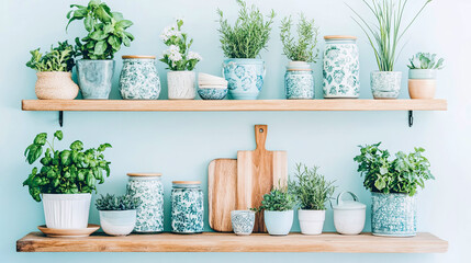 Fresh and natural home decor display on rustic wooden shelves, featuring array of vibrant green potted plants, aromatic herbs, and decorative blue and white ceramics in stylish kitchen setting.