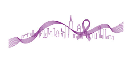 Skyline Awareness: A symbolic purple ribbon gracefully weaves through a city skyline, representing unity, hope, and support for a cause. A call to action and awareness.