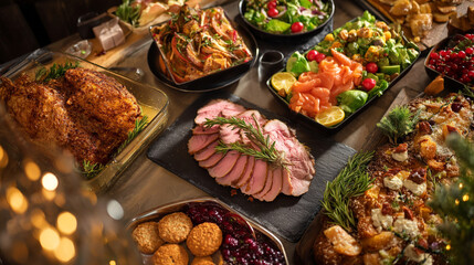 Fototapeta premium A festive holiday buffet spread with turkey ham and assorted dishes on display