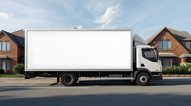 White box truck parked on street in front of houses
