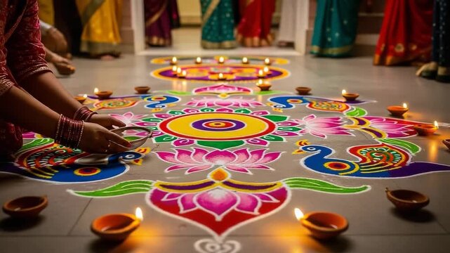 Closeup of a woman creating a colorful rangoli design on the floor