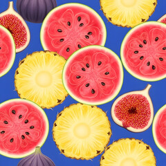Vibrant summer fruit medley featuring watermelon pineapple and figs on a bold blue background