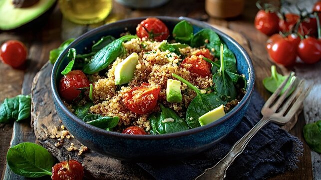 Quinoa salad filling a bowl, featuring vibrant baby spinach, roasted cherry tomatoes, and cubed fresh avocado, served on a rustic wooden surface representing wholesome, plant based nutrition - Powered by Adobe