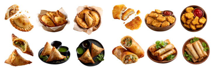 Set of 4 fried baked crispy pastry with filling, samosa, egg spring roll, Empanada Curry puff, nuggets, ceramic wooden bowl, stack broken, transparent cutout PNG. Mockup for design