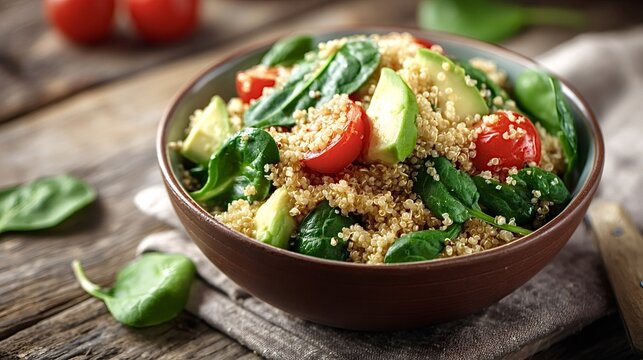 Quinoa salad with spinach, cherry tomatoes and avocado in a rustic brown bowl on a wooden table, plant based, protein rich, gluten free meal for healthy eating and lunch or dinner