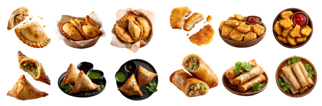 Set of 4 fried baked crispy pastry with filling, samosa, egg spring roll, Empanada Curry puff, nuggets, ceramic wooden bowl, stack broken, transparent cutout PNG. Mockup for design