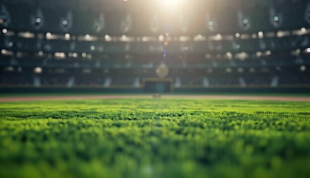 Closeup of green grass on a baseball field with stadium lights and blurred spectators in the background