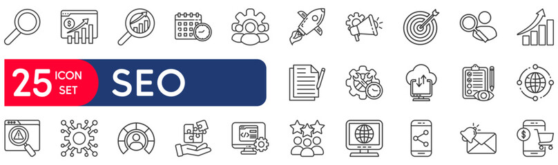 SEO Optimisation set of web icons in line style. vector illustration concept relate to market, digital, cyberspace, download, presentation, money, time, commerce