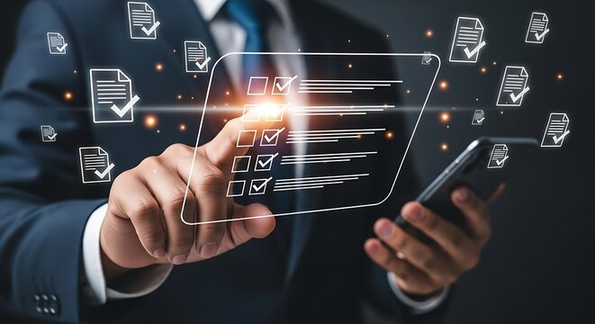Businessman using digital checklist app on smartphone for enhanced business productivity and task management