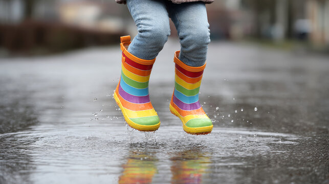 Child's legs in bright rainbow rubber boots actively jumping in a wet puddle outdoors, creating vibrant water splash