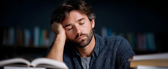 A man’s study session turns a weary sea with his head resting in his hand.