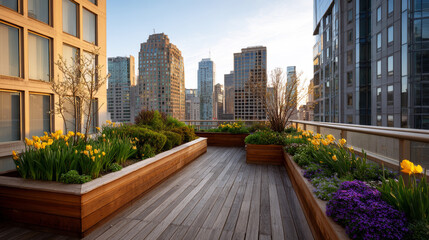 Fototapeta premium Rooftop garden featuring blooming yellow tulips, purple flowers, and green plants in wooden planters against a city skyline