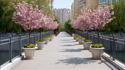 Sidewalk path with blooming sakura trees and concrete planters next to a railing, looking towards buildings in a spring city park